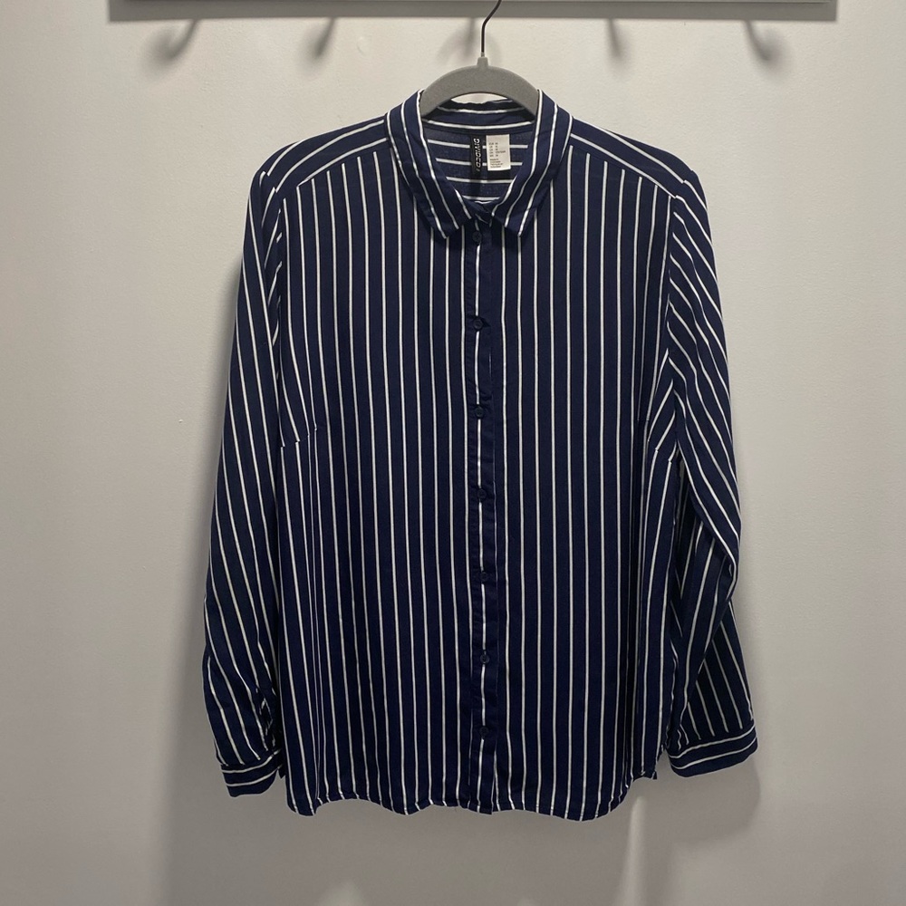 H&M Dark Blue and White Striped Casual Shirt